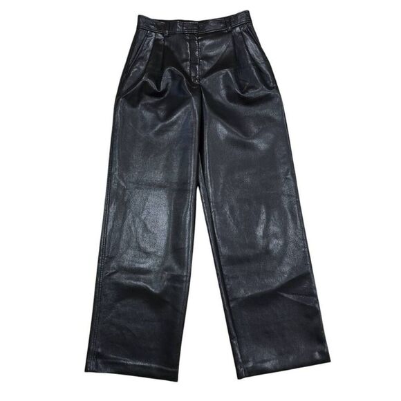 Aritzia Babaton Pants Women's 8 Black Faux Leather Pleated Slash Pockets Chic Pr - Picture 2 of 7